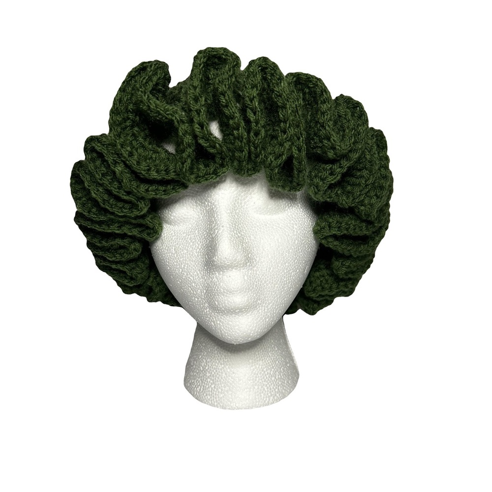 Hand-Made Crochet Ruffle Hat - Dark Green - Picture 2 of 3